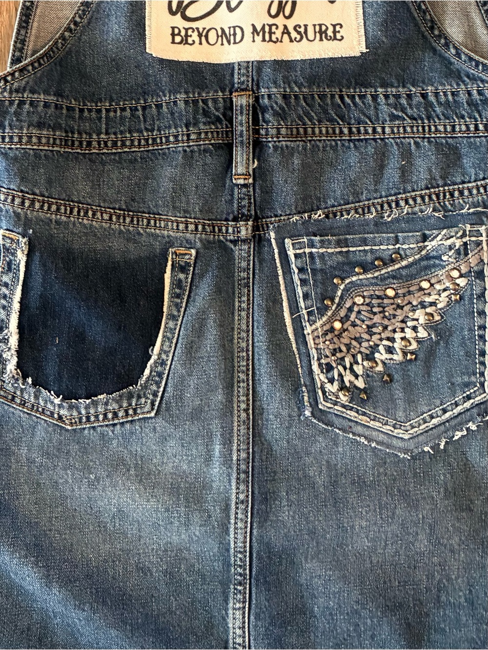 Upcycled Denim Overalls Skirt. Recycled Denim. Blessed. Large*. - Picture 4 of 10